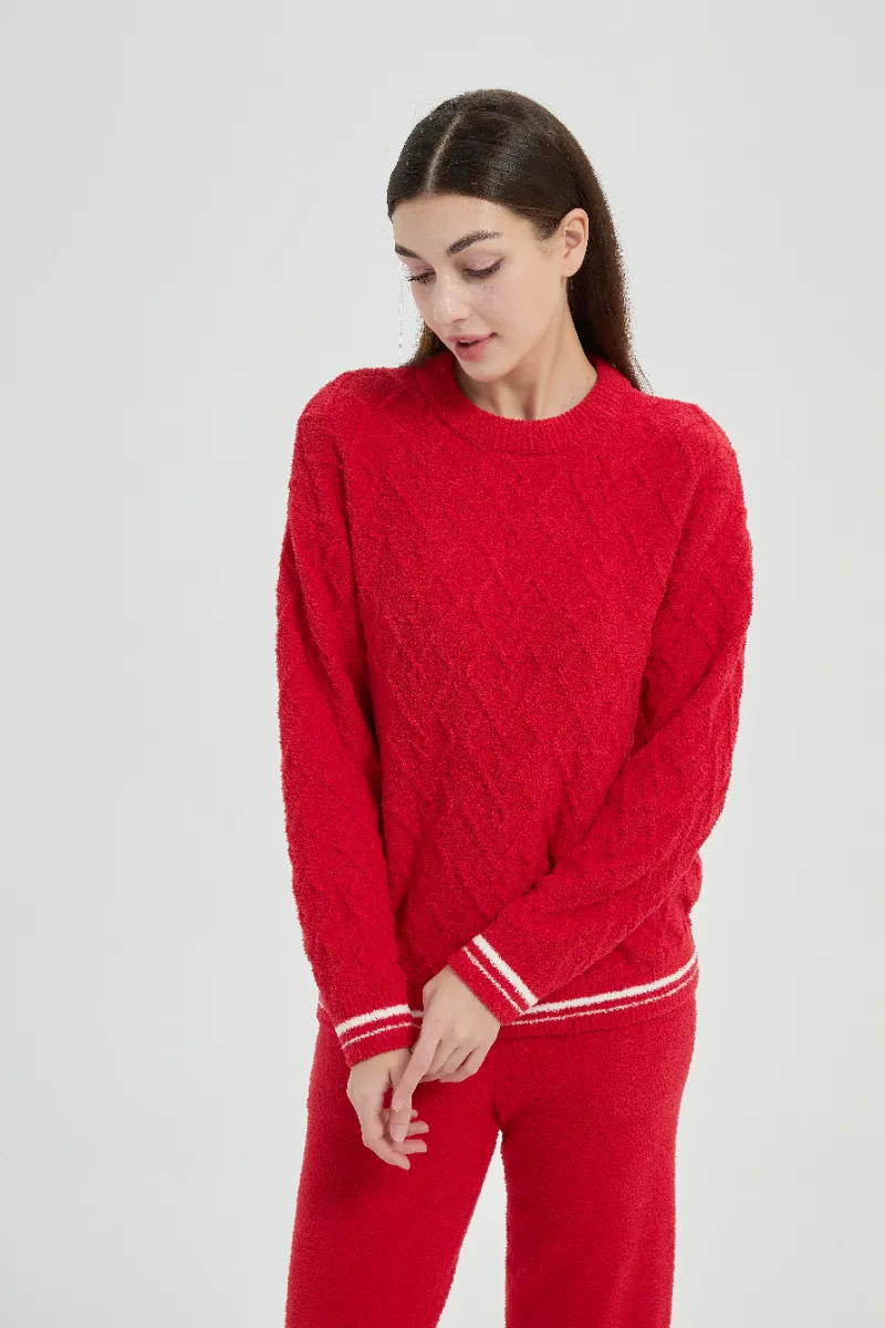 Loose Fit Plush Red Women Fleece Pajamas Set